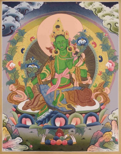 [24k Gold], Buddhist Hand Painting Thangka Of Green Tara, [hand Painted, Real Gold]