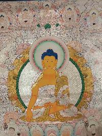 Buddhist Hand Painting Thangka Of Shakyamuni Buddha, With Pancha Buddha On Top [hand Painted, Real Gold]