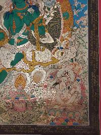 Buddhist Hand Painting Thangka Of Green Tara, With Pancha Buddha On Top [hand Painted, Real Gold], Lamas Art
