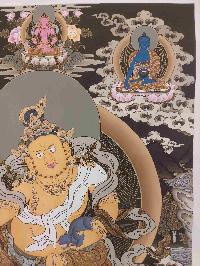 Buddhist Hand Painting Thangka Of Yellow Jambhala, Shakyamuni Buddha, Aparimita And Ratnasambhava Buddha, [hand Painted, Real Gold], Lamas Art