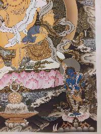 Buddhist Hand Painting Thangka Of Yellow Jambhala, Shakyamuni Buddha, Aparimita And Ratnasambhava Buddha, [hand Painted, Real Gold], Lamas Art