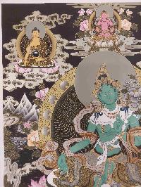 Buddhist Hand Painting Thangka Of Green Tara, Shakyamuni Buddha, Aparimita And Ratnasambhava Buddha, [hand Painted, Real Gold], Lamas Art