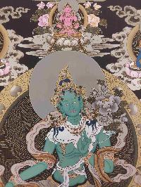 Buddhist Hand Painting Thangka Of Green Tara, Shakyamuni Buddha, Aparimita And Ratnasambhava Buddha, [hand Painted, Real Gold], Lamas Art