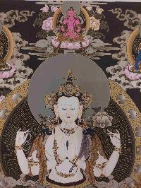 Buddhist Hand Painting Thangka Of Chenrezig, With Shakyamuni Buddha, Aparimita And Ratnasambhava Buddha, [hand Painted, Real Gold], Lamas Art