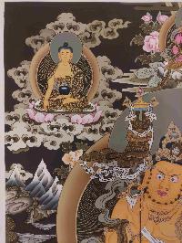 Buddhist Hand Painting Thangka Of Jambhala: Namtose, With Shakyamuni Buddha, Aparimita And Ratnasambhava Buddha, [hand Painted, Real Gold], Lamas Art