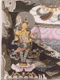 Buddhist Hand Painting Thangka Of Jambhala: Namtose, With Shakyamuni Buddha, Aparimita And Ratnasambhava Buddha, [hand Painted, Real Gold], Lamas Art