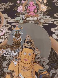 Buddhist Hand Painting Thangka Of Jambhala: Namtose, With Shakyamuni Buddha, Aparimita And Ratnasambhava Buddha, [hand Painted, Real Gold], Lamas Art