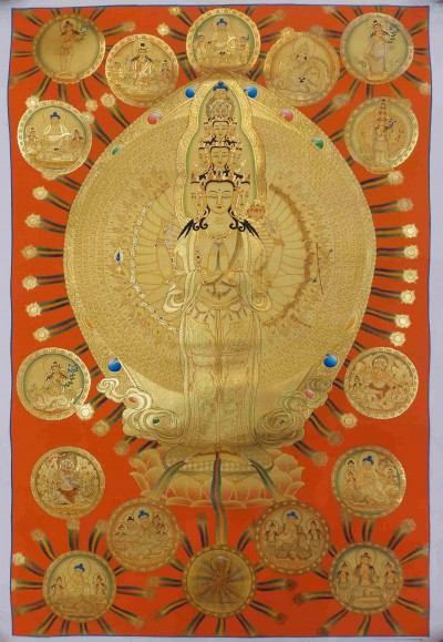 Buddhist Hand Painting Thangka Of Sahasrabhuja Avalokitesvara, [hand Painted, Real Gold], Lamas Art