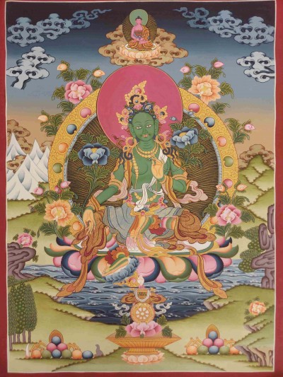 Buddhist Hand Painting Thangka Of Green Tara - Dolma [hand Painted, Real Gold], Amitabha Buddha On Top Lamas Art, Coffee Wash Color