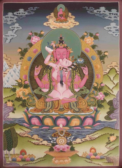 Buddhist Hand Painting Thangka Of Vajrasattva With Consort, [shakti], Amitabha Buddha On Top [hand Painted], Lamas Art, Coffee Wash Color, Yab-yum