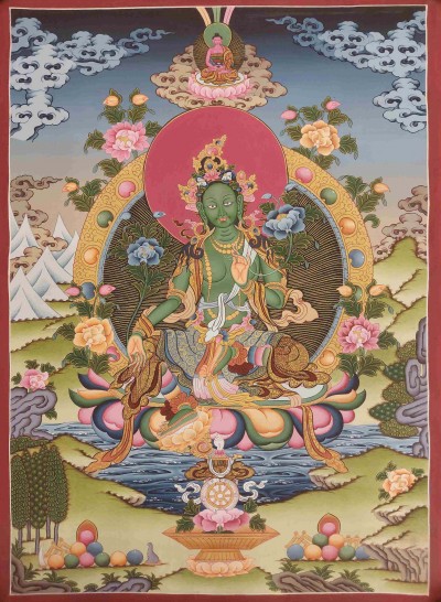 Buddhist Hand Painting Thangka Of Green Tara [hand Painted], Amitabha Buddha On Top Lamas Art, Coffee Wash Color