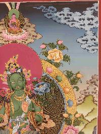 Buddhist Hand Painting Thangka Of Green Tara [hand Painted], Amitabha Buddha On Top Lamas Art, Coffee Wash Color