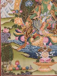 Buddhist Hand Painting Thangka Of Green Tara [hand Painted], Amitabha Buddha On Top Lamas Art, Coffee Wash Color