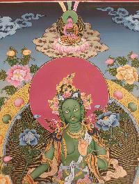 Buddhist Hand Painting Thangka Of Green Tara [hand Painted], Amitabha Buddha On Top Lamas Art, Coffee Wash Color