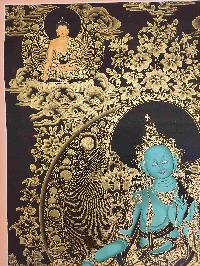 Buddhist Hand Painting Thangka Of Green Tara Surrounded By Shakyamuni Buddha And Amitabha Buddha [hand Painted], Lamas Art