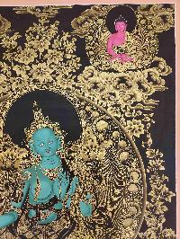 Buddhist Hand Painting Thangka Of Green Tara Surrounded By Shakyamuni Buddha And Amitabha Buddha [hand Painted], Lamas Art