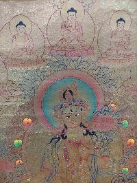 Buddhist Hand [oil] Painting Thangka Of White Tara With Pancha Buddha, With Polyester Brocade, [hand Painted]