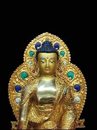 Buddhist Handmade Statue Of Shakyamuni Buddha With Parwa [full Gold Plated, Stone Setting, Face Painted]