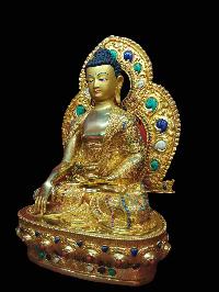 Buddhist Handmade Statue Of Shakyamuni Buddha With Parwa [full Gold Plated, Stone Setting, Face Painted]