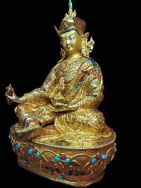 Buddhist Handmade Statue Of Padmasambhava, Guru Rimpoche, [full Gold Plated, Stone Setting, Face Painted]