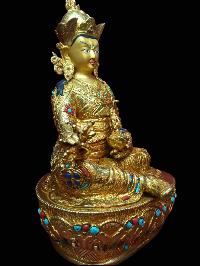 Buddhist Handmade Statue Of Padmasambhava, Guru Rimpoche, [full Gold Plated, Stone Setting, Face Painted]