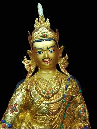 Buddhist Handmade Statue Of Padmasambhava, Guru Rimpoche, [full Gold Plated, Stone Setting, Face Painted]