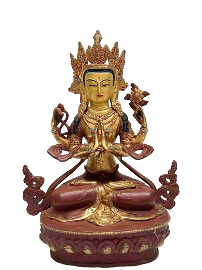 Buddhist Handmade Statue Of Chenrezig, [partly Gold Plated, Face Painted]