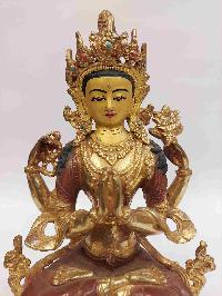 Buddhist Handmade Statue Of Chenrezig, [partly Gold Plated, Face Painted]