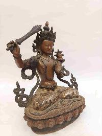 Buddhist Handmade Statue Of Manjushri, [chocolate Oxidized]