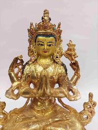 Buddhist Handmade Statue Of Chenrezig, [full Gold Plated, Face Painted, Stone Setting]