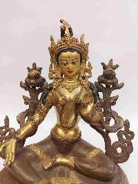 Buddhist Handmade Statue Of Green Tara, [partly Gold Plated, Face Painted]