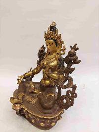 Buddhist Handmade Statue Of Green Tara, [partly Gold Plated, Face Painted]