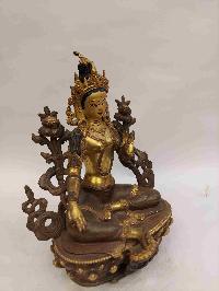 Buddhist Handmade Statue Of Green Tara, [partly Gold Plated, Face Painted]