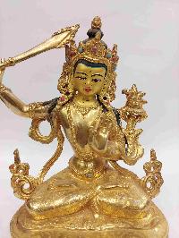 Buddhist Handmade Statue Of Manjushri, [full Gold Plated, Face Painted, Stone Setting]