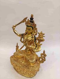 Buddhist Handmade Statue Of Manjushri, [full Gold Plated, Face Painted, Stone Setting]