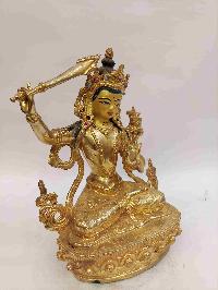 Buddhist Handmade Statue Of Manjushri, [full Gold Plated, Face Painted, Stone Setting]