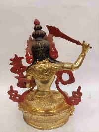 Buddhist Handmade Statue Of Manjushri, [full Gold Plated, Face Painted, Stone Setting]