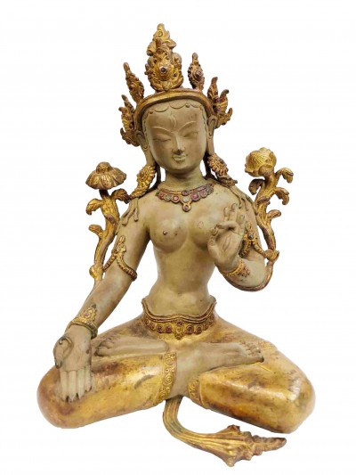 Buddhist Handmade Statue Of White Tara, [partly Gold Plated, Clay Finishing, Stone Setting]