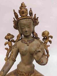 Buddhist Handmade Statue Of White Tara, [partly Gold Plated, Clay Finishing, Stone Setting]