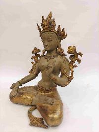 Buddhist Handmade Statue Of White Tara, [partly Gold Plated, Clay Finishing, Stone Setting]