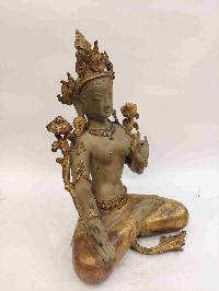 Buddhist Handmade Statue Of White Tara, [partly Gold Plated, Clay Finishing, Stone Setting]