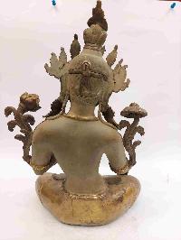 Buddhist Handmade Statue Of White Tara, [partly Gold Plated, Clay Finishing, Stone Setting]