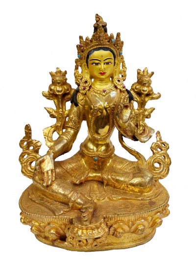 Buddhist Handmade Statue Of Green Tara, [full Gold Plated, Face Painted, Stone Setting]