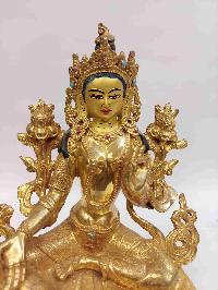 Buddhist Handmade Statue Of Green Tara, [full Gold Plated, Face Painted, Stone Setting]