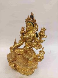 Buddhist Handmade Statue Of Green Tara, [full Gold Plated, Face Painted, Stone Setting]