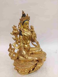 Buddhist Handmade Statue Of Green Tara, [full Gold Plated, Face Painted, Stone Setting]