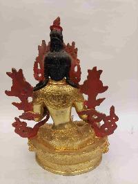 Buddhist Handmade Statue Of Green Tara, [full Gold Plated, Face Painted, Stone Setting]