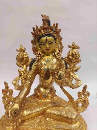 Buddhist Handmade Statue Of White Tara, [full Fire Gold Plated, Stone Setting, Face Painted]