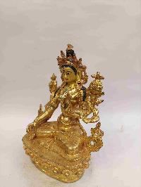 Buddhist Handmade Statue Of White Tara, [full Fire Gold Plated, Stone Setting, Face Painted]