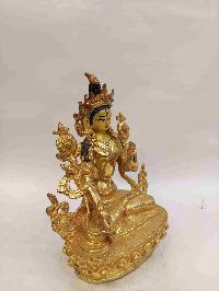 Buddhist Handmade Statue Of White Tara, [full Fire Gold Plated, Stone Setting, Face Painted]